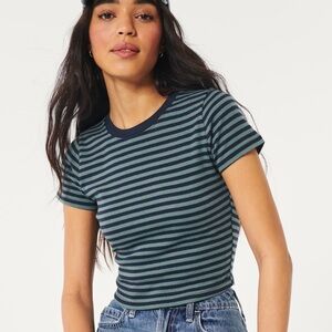 Hollister Navy and Green Striped Tee